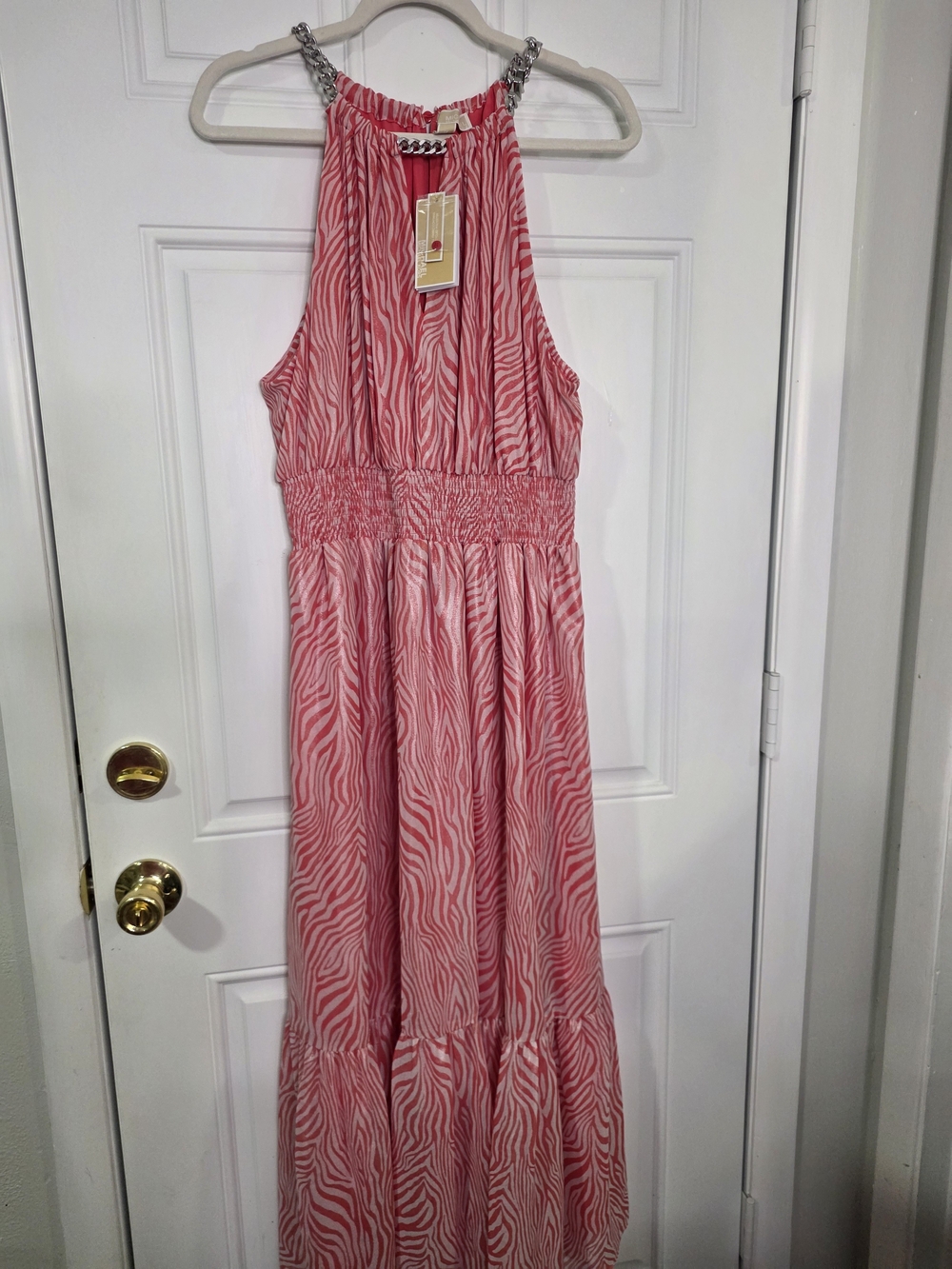 Michael Kors Pink Zebra-Print Halter Maxi Dress with Chain Detail - Picture 2 of 8
